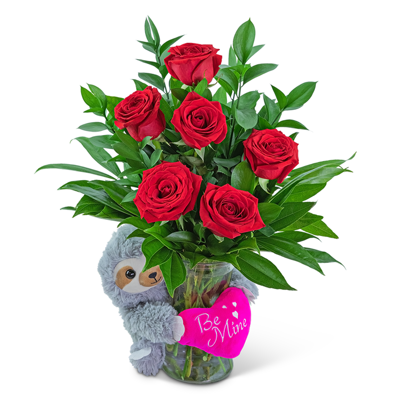 Be Mine Classic Six Red Roses with Sloth