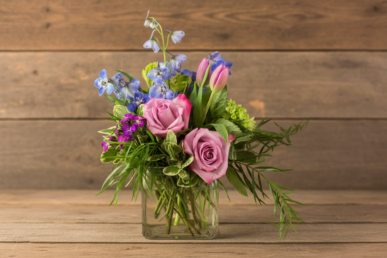 Bouquet of pink roses and other flowers in a clear vase on a reflective surface.