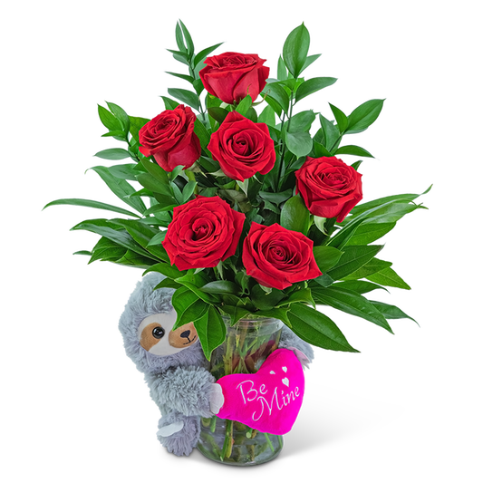 Be Mine Classic Six Red Roses with Sloth