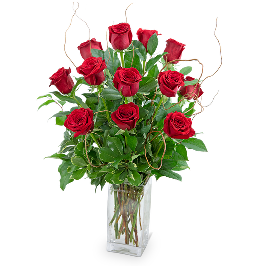 Dozen Red Roses with Willow